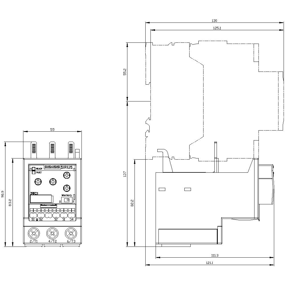 Technical drawing of an industrial control device with dimensions. Contains front, left, and top views along with measurements.