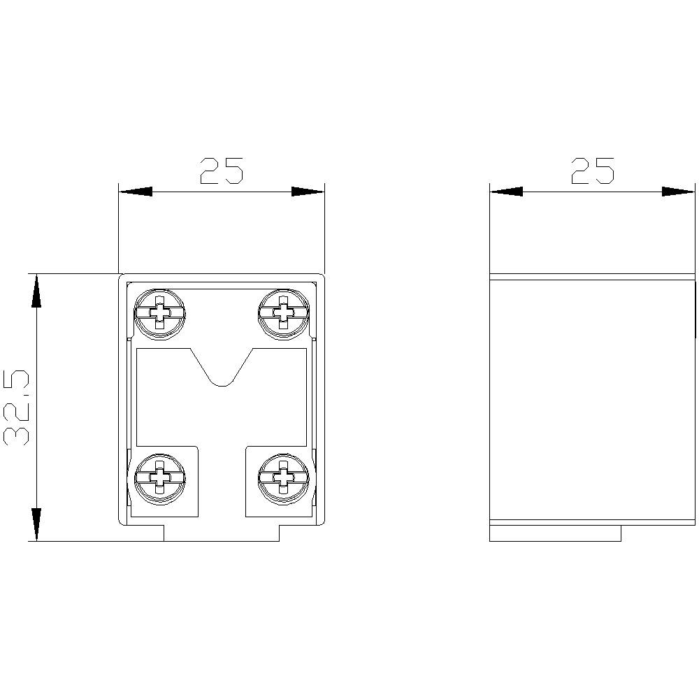 Technical drawing of a square component with four screw holes. Dimensions: 25x25 mm, height 32.5 mm. Profile and front view.