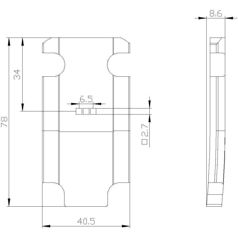 Technical drawing of a rectangular object with grooves and dimensions: 78 x 40.5 mm, side view shows a depth of 8.6 mm.