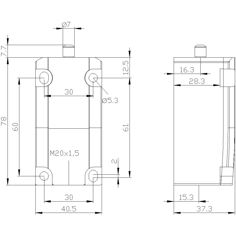 Technical drawing of a rectangular object with dimensions and holes. Left: front view, right: side view.