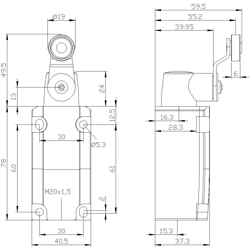 Technical drawing of a mechanical component with dimensions in millimetres. Shows front and side view with details of size.