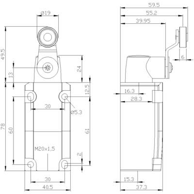 Technical drawing of a mechanical component with dimensions in millimetres. Shows front and side view with details of size.