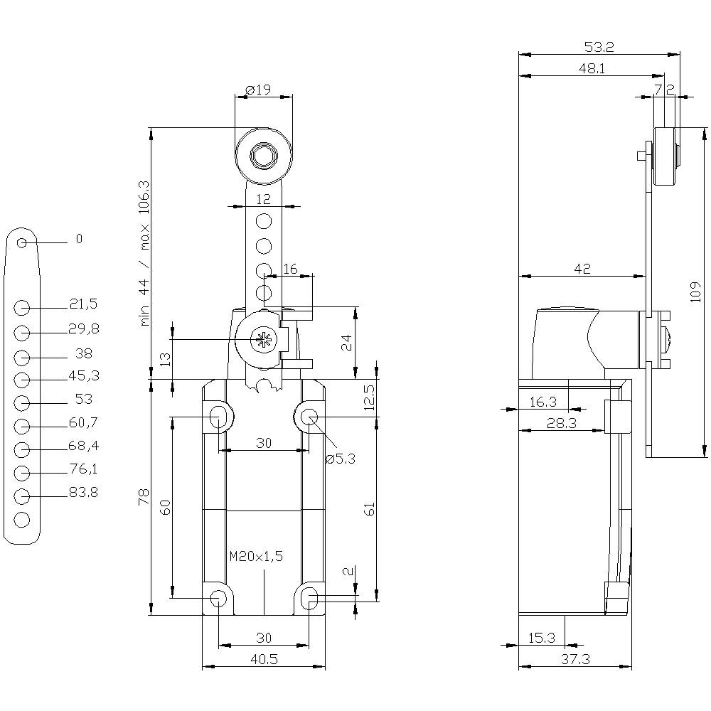 Technical drawing of a switch with dimensional specifications in millimetres. Front and side views display mechanical components and dimensions.