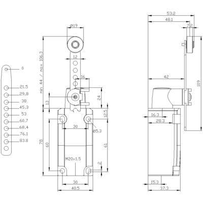 Technical drawing of a switch with dimensional specifications in millimetres. Front and side views display mechanical components and dimensions.