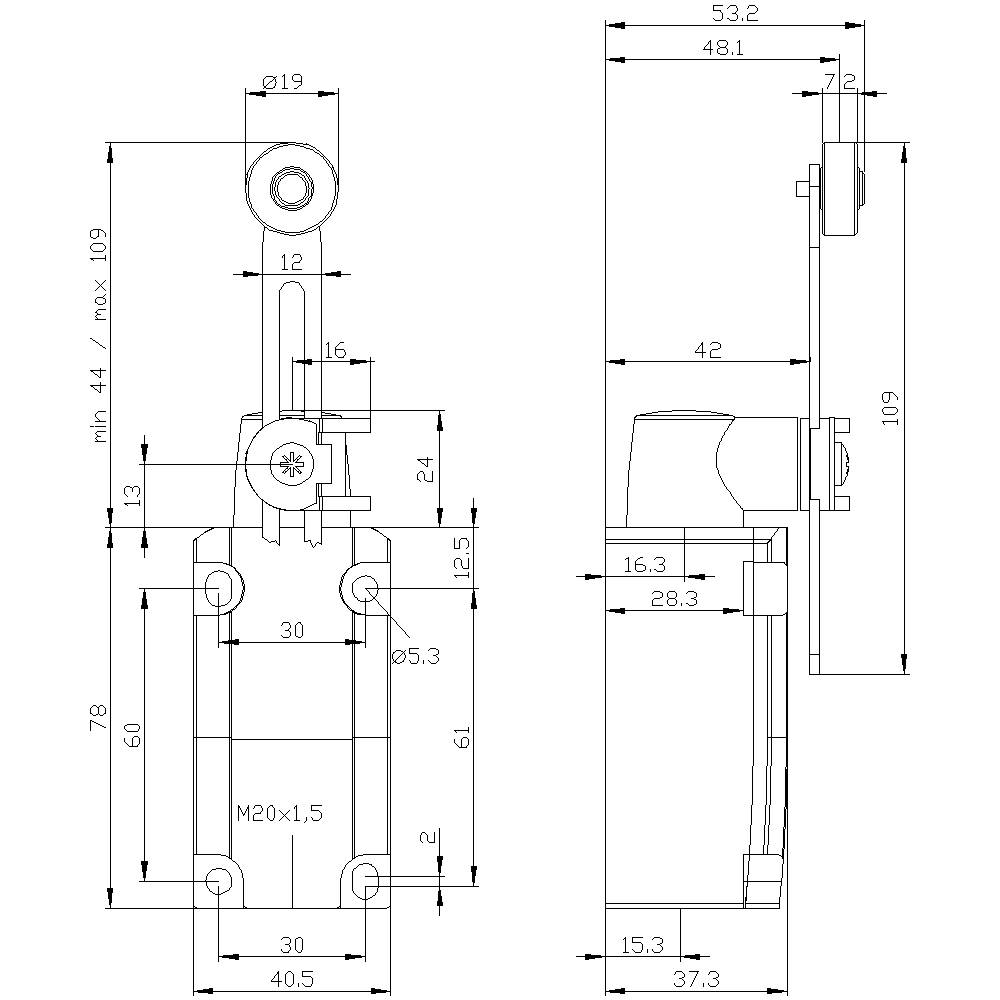 The image depicts technical drawings of an electrical contact switch with precise dimensions and mounting details from front and side perspectives.