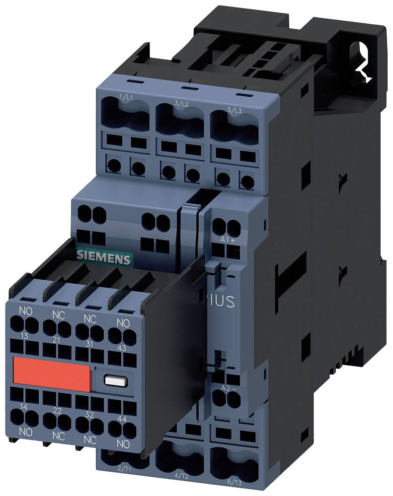 Electrical switchgear in a black and blue housing with multiple connections and red elements, Siemens brand.