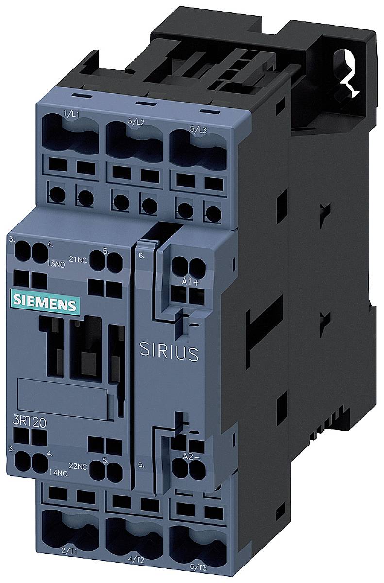 A Siemens contactor from the Sirius series, suitable for industrial use. Shows connections and modular design.