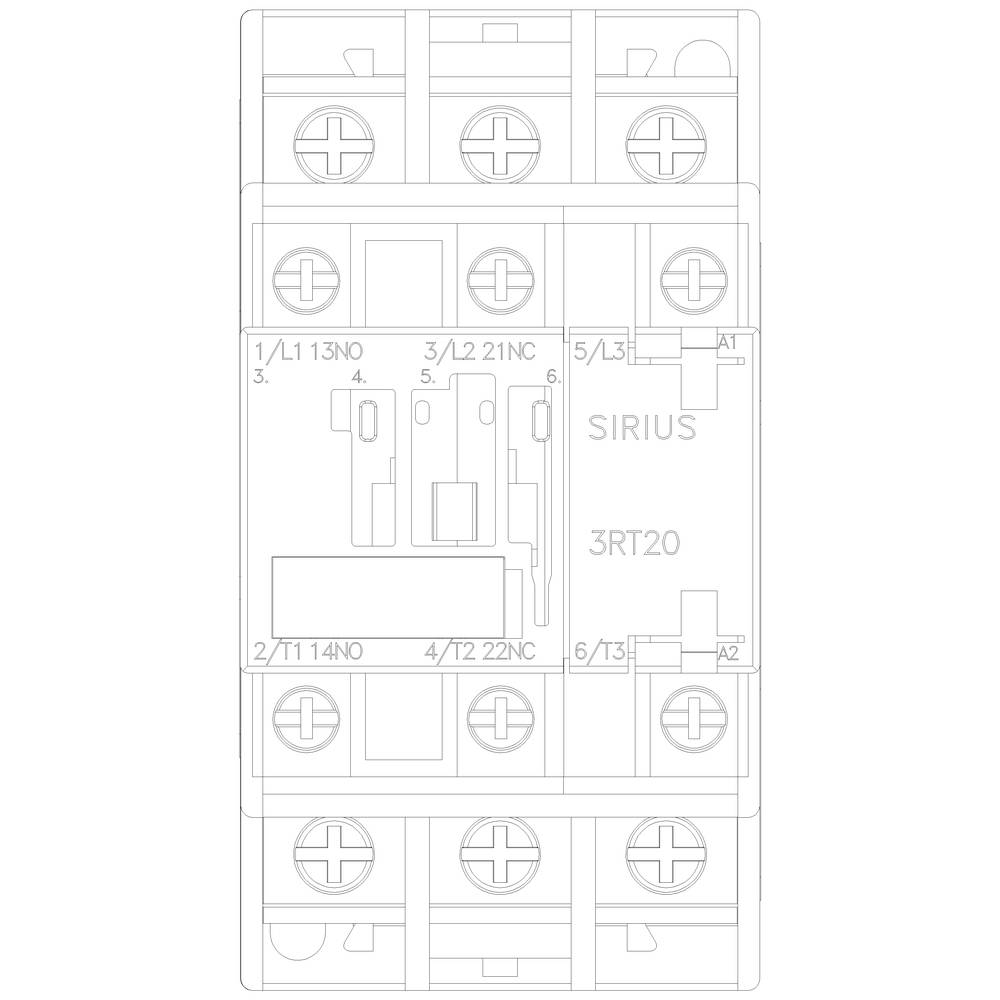 'Circuit diagram of a SIRIUS contactor with various terminals and connections, including L1, L2, L3. Model number: 3RT20.'
