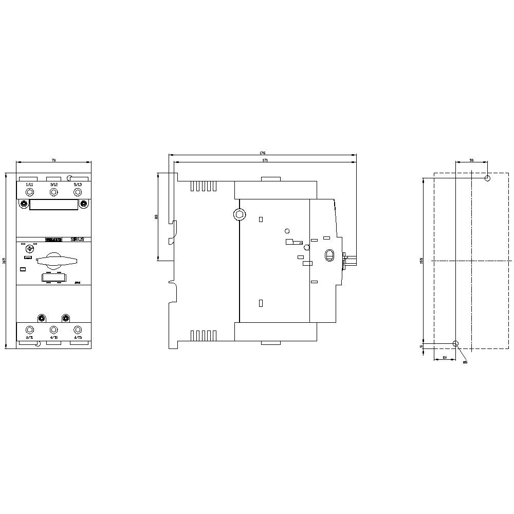 Technical drawing of an electrical component with multiple views: front view, side view, and top view. Dimensions are specified.