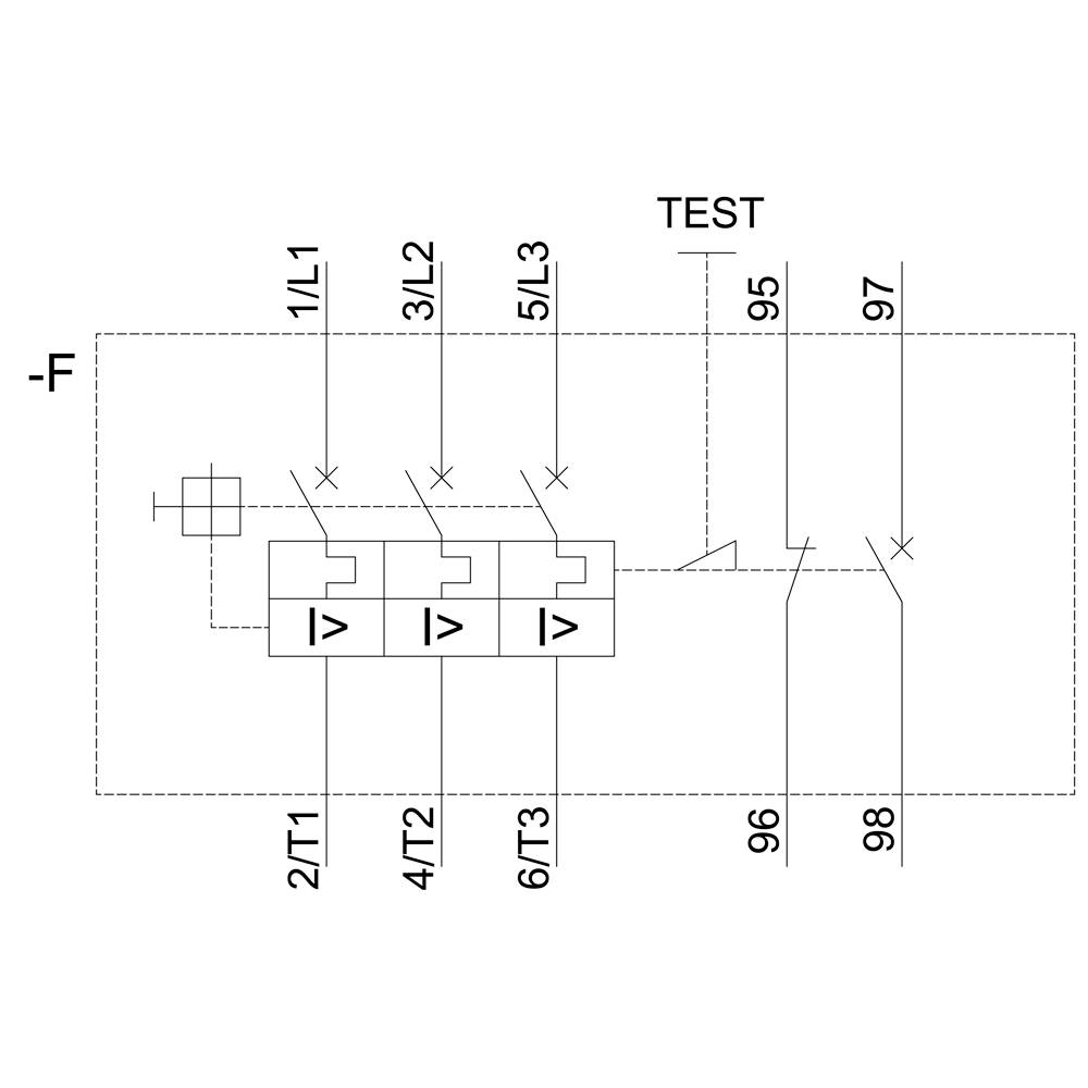 Wiring diagram of an electrical switchboard with three circuit breakers, labelled as '1/T1', '3/T2', '5/L3'; test area marked.