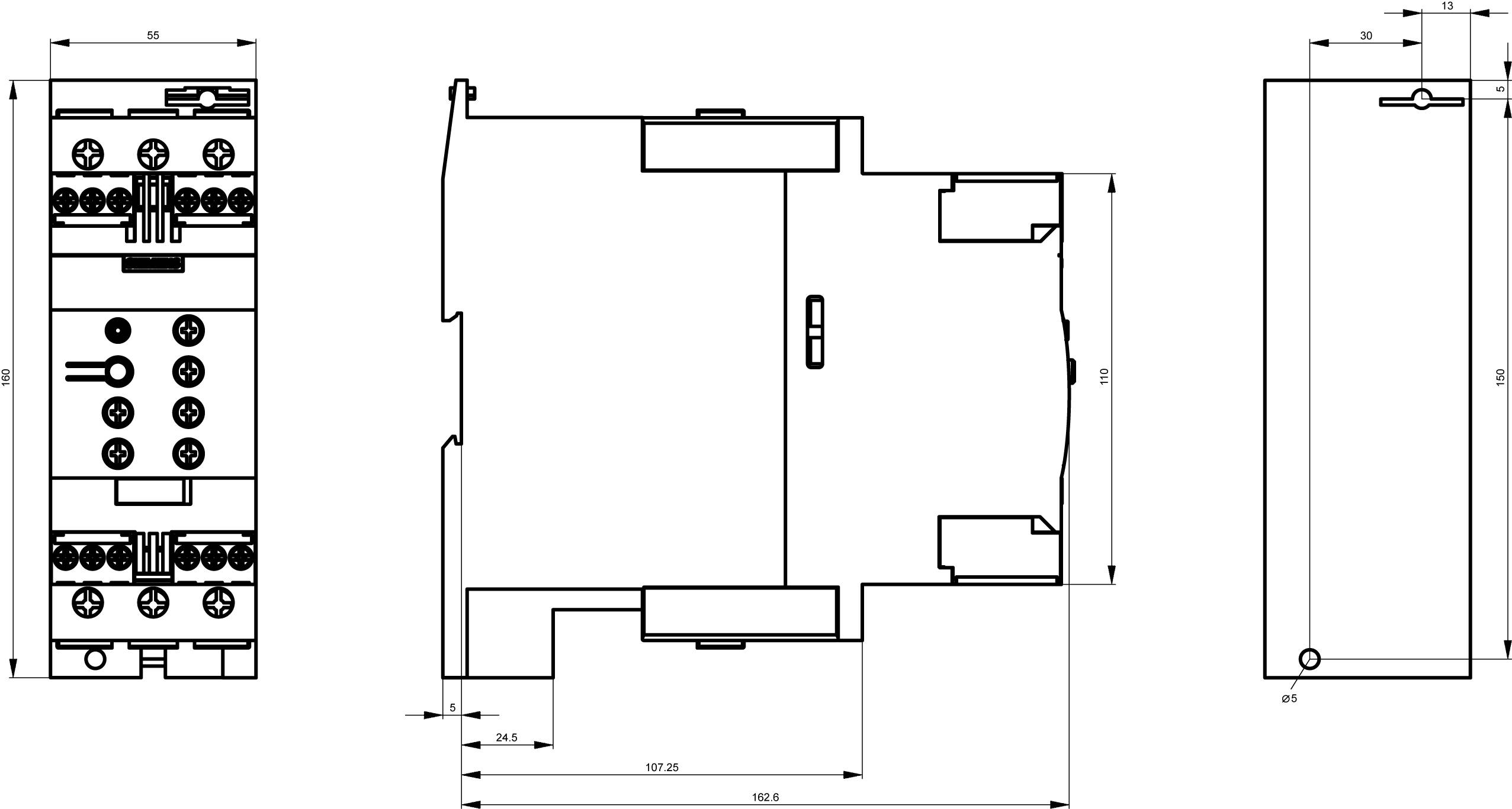 Technical drawing of an electrical component showing front, side, and top views with dimensional measurements.