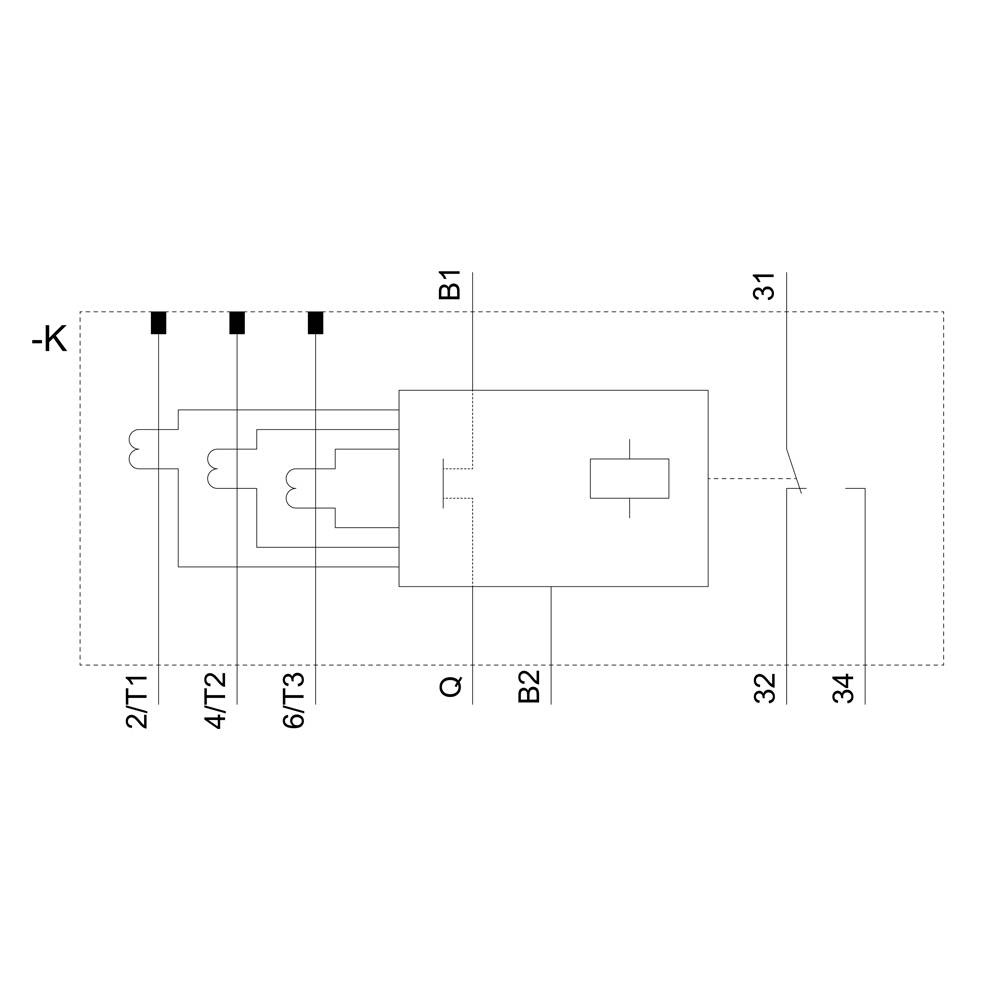 Circuit diagram of an electrical relay with terminals K, T1, T2, T3 and connections B1, B2, Q, 31, 32, 34; technical drawing.