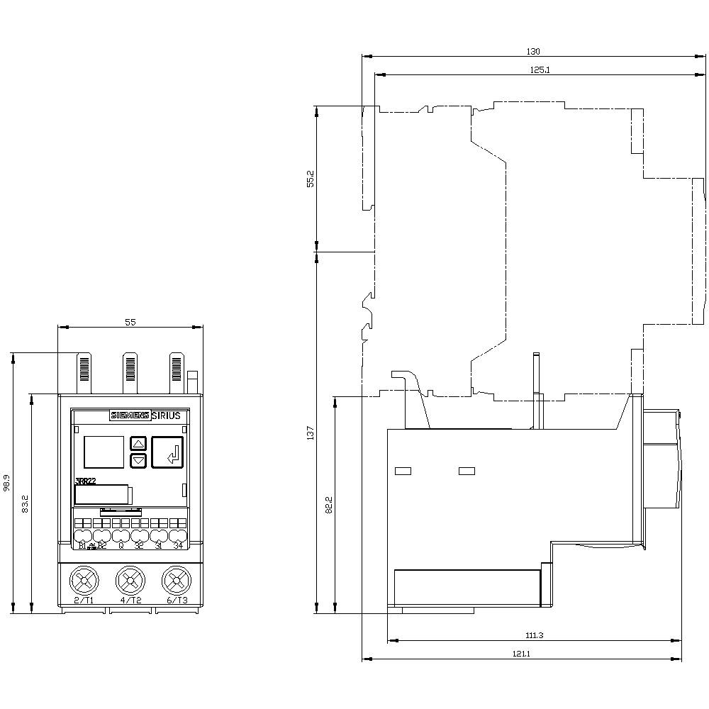 Product drawing of an electrical device with front and side views. Dimensions are given in millimetres, including height and width.