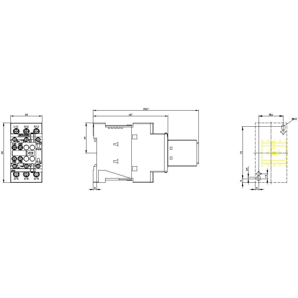 Technical drawing of an electrical device, showing front, side, and top views with detailed dimensions and connections.