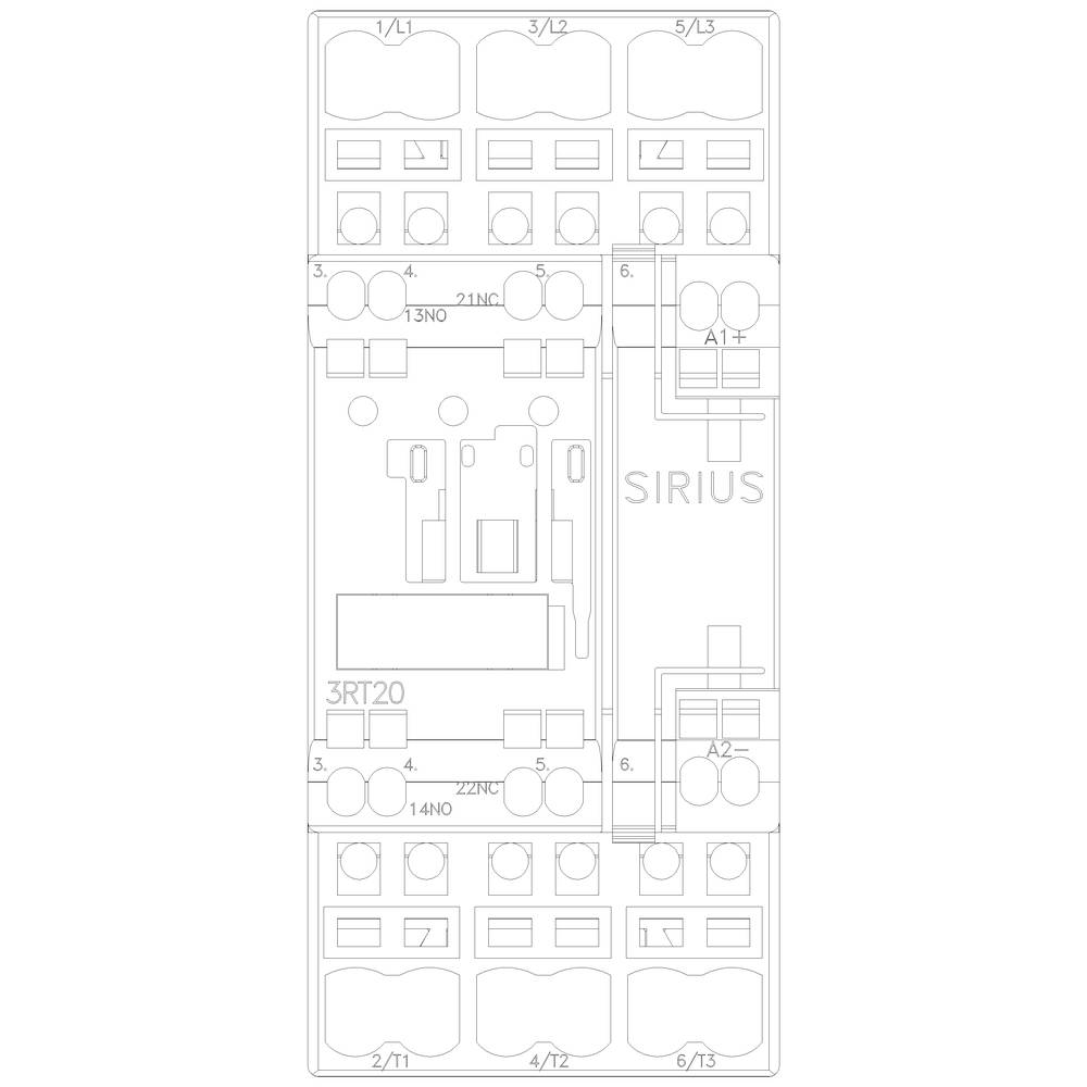 Contact circuit diagram of a SIRIUS contactor. Four connection positions at the top, three at the bottom. Labelling: '1/L1', '3/L2', '5/L3'.