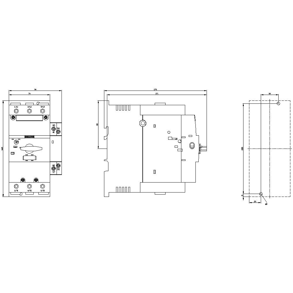 Technical drawing of an electrical switch with frontal, side, and top view, including dimensional units.