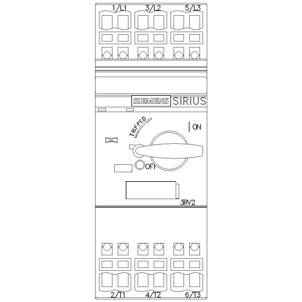 'Switch with SIRIUS labelling, positions for ON, OFF and TRIPPED, rectangular display field below, surrounded by connection terminals.'