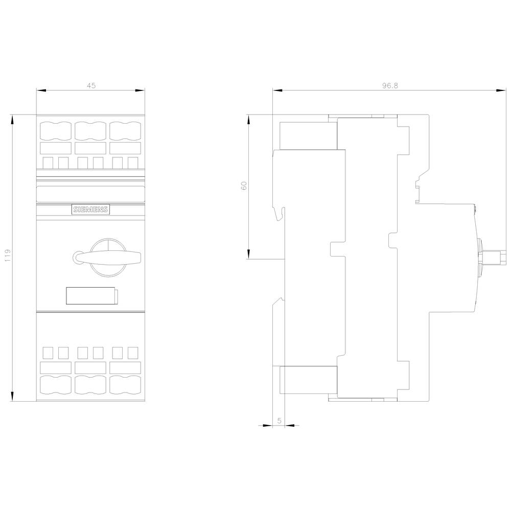 Electrical switch with technical drawings. Left front view with details, right side view with dimensions: 96.8 mm width, 119 mm height.