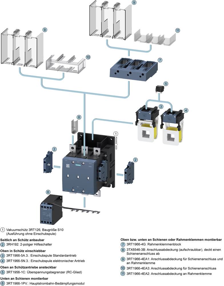 Exploded diagram of a switching device with numbered components and assembly instructions. Shows switches, contacts, and connections.