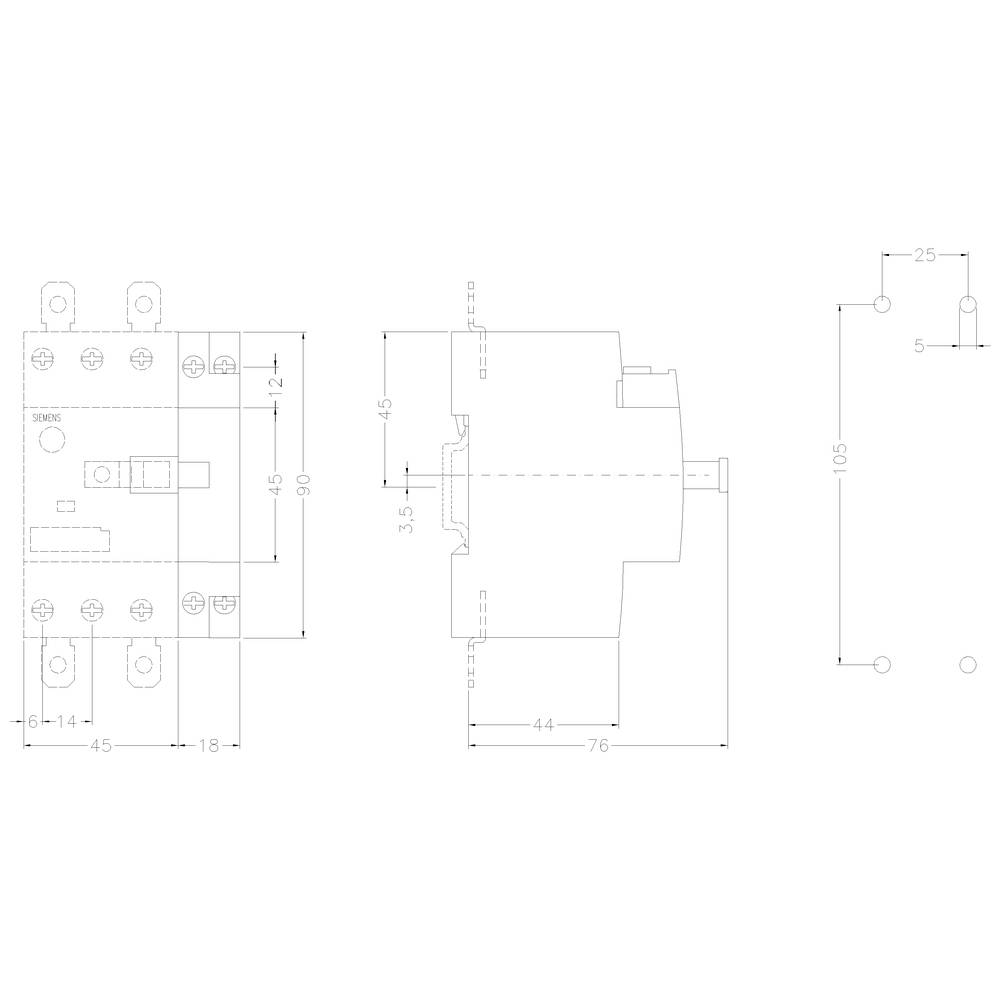 A technical drawing of an electrical switch with dimensions: width 45 mm, height 76 mm, depth 105 mm. Connections at the top.