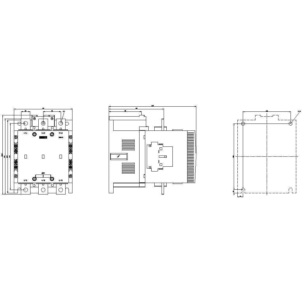 Technical drawing of an electrical component with front, top, and side views. Shows connections and dimensions.