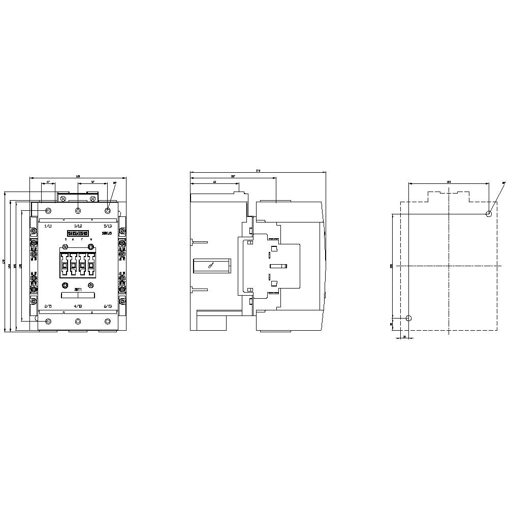 Technical drawing of an electrical switching device with front, side, and top views, with dimensions in millimetres.