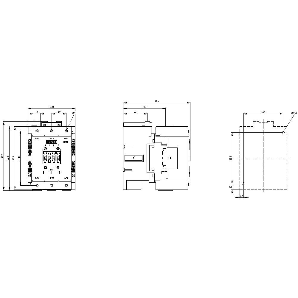 Technical drawing of an electrical switch with dimensions in millimetres. Front, side and top views are shown.
