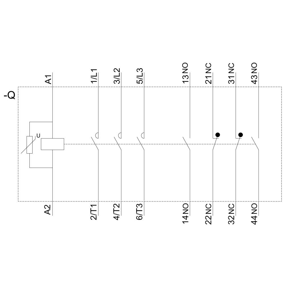 'Circuit diagram of an electric motor protection switch with phase connections, switching contacts, and control terminals; shows internal connections.'
