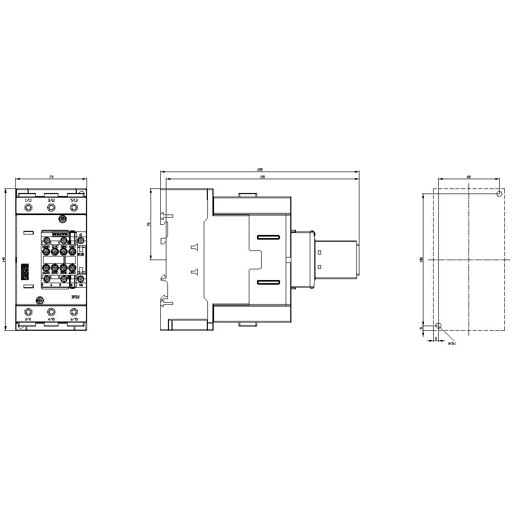 Technical drawing of a three-phase electrical switch, front, side, and top views with dimensions and connection details.
