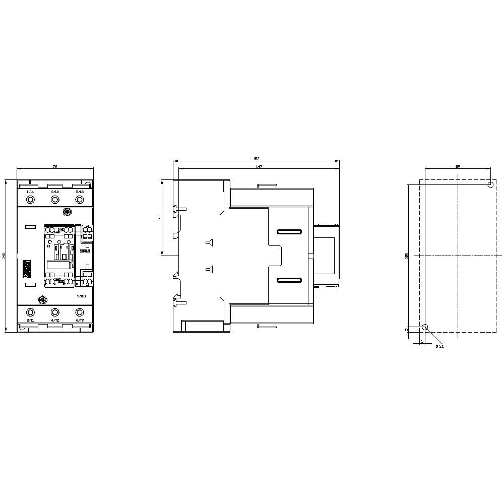 Technical drawing of an electrical component with front, side, and top views, dimensions are given in millimetres.
