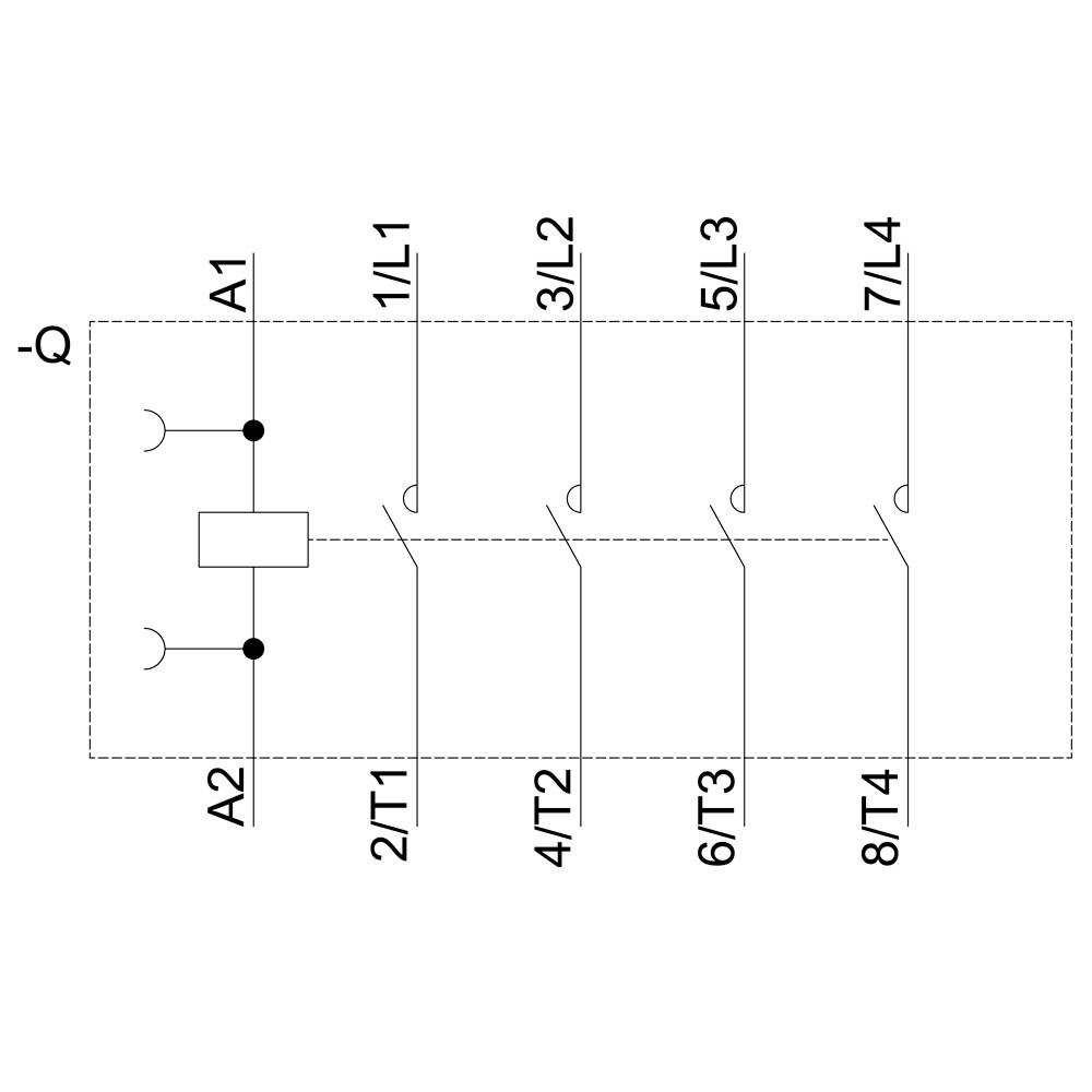 'Schematic representation of a contactor with four circuits A1/A2 and 1/L1, 3/L2, 5/L3, 7/L4. Shows connection lines and switching states.'