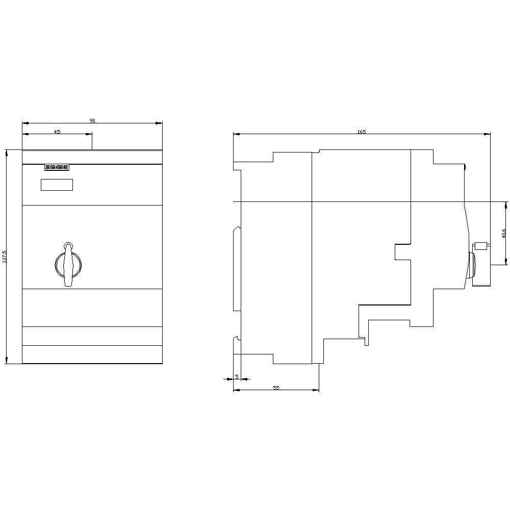 Technical drawing of a device with front and side views, showing the dimensions and shapes of the housing. Key features: rectangular structure, rotary dial on the front.