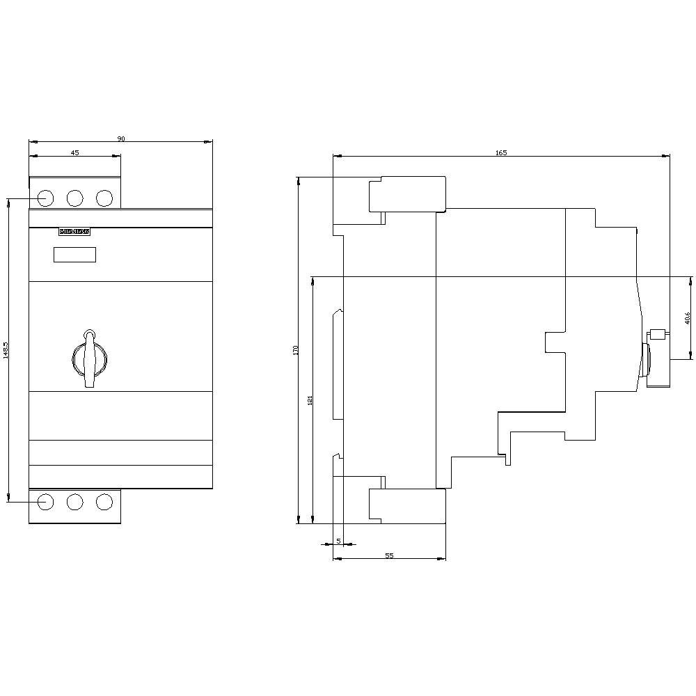 Technical drawing of an electrical switch with dimensional specifications. Left side view, right top view. Dimensions in millimetres.