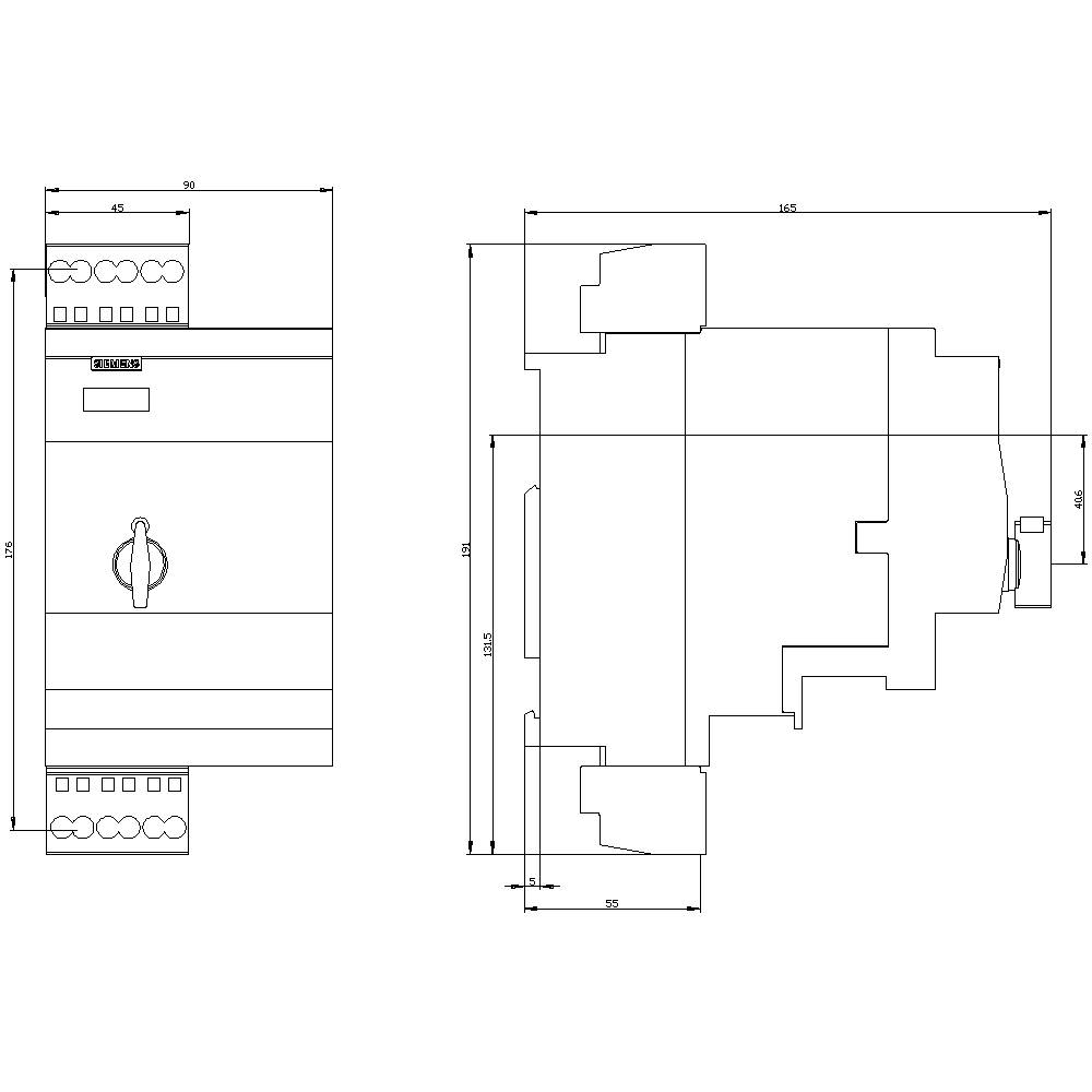 Technical drawing of an electrical switchgear with front and side views, dimensions in millimetres.