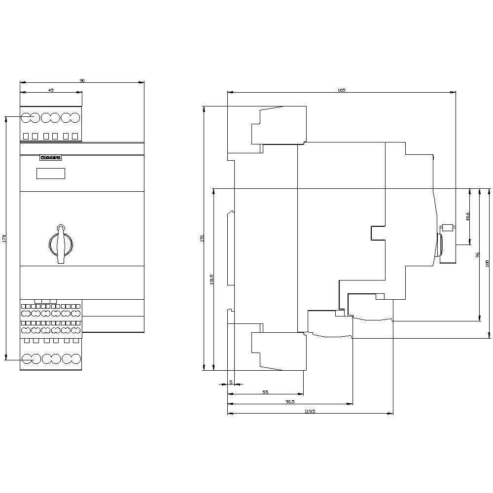 Technical drawing of an electrical device with dimensional specifications. Front view shows switches and connections; side view shows the depth.