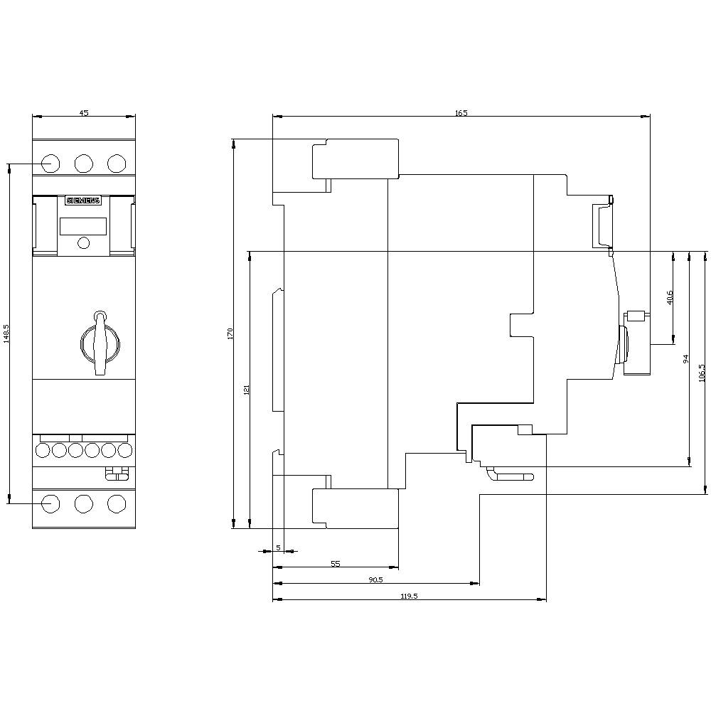 Technical drawing of an electrical switch with detailed dimensions such as height, width, and depth, along with connection positions.