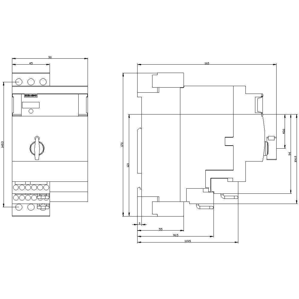 Technical drawing of a device with front and side view. Dimensions are specified in millimetres. Important details and measurements are highlighted.