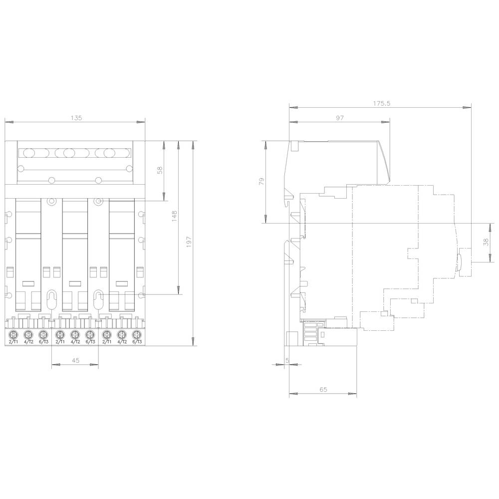 Technical drawing of an electromechanical component with two views: front and side view, including dimensional specifications.