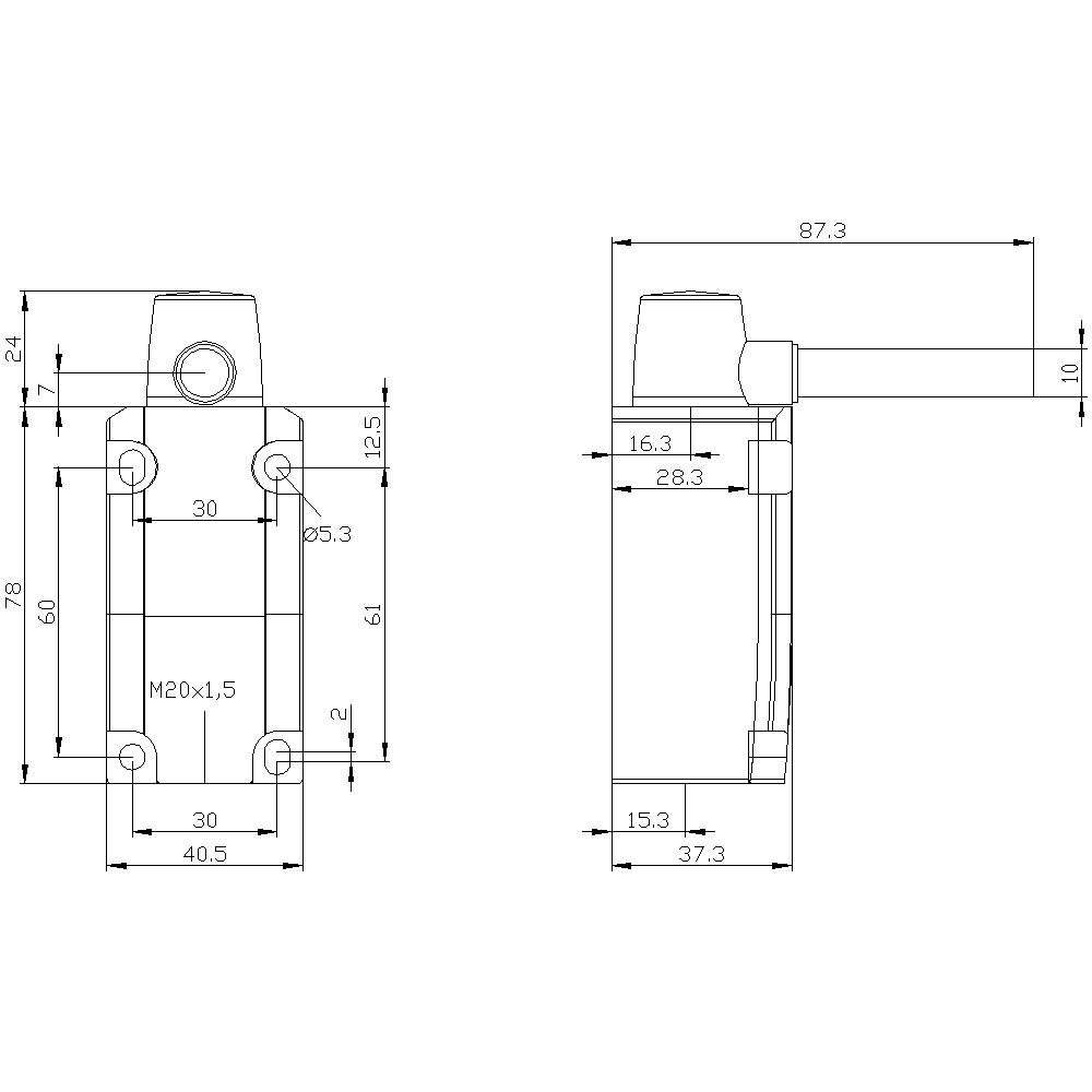 Technical drawing of a fitting with two views: front and side view. Dimensions and thread size M20x1.5 are specified.