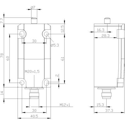 Technical drawing of a cylinder with dimensions; main view shows width 78, height 107, bore Ø5.3, and thread M20x1.5.