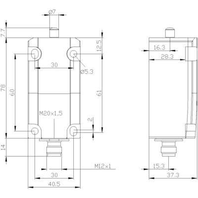 Technical drawing of a cylinder with dimensions: height 78 mm, width 30 mm, thread M20x1.5 and M12x1, diameter 35 mm.