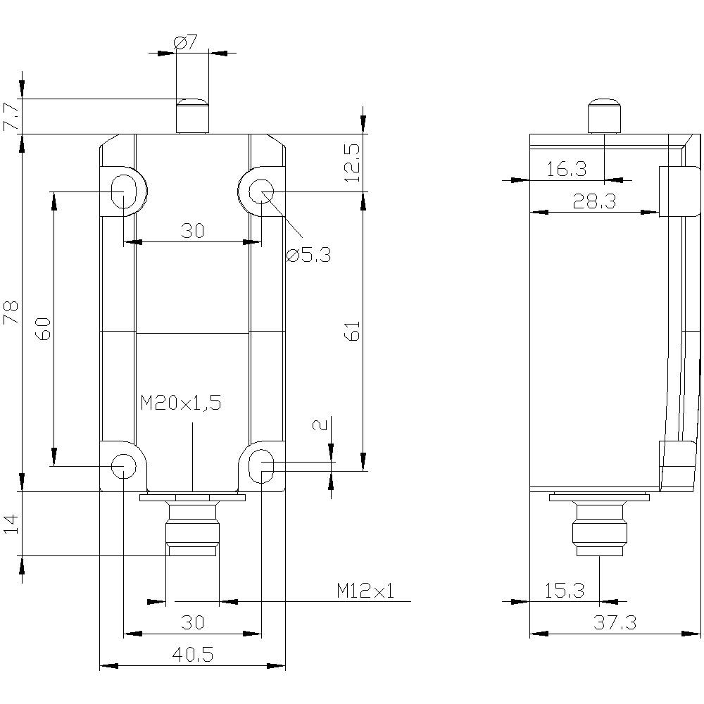 Technical drawing of a cylindrical component with dimensions in millimetres. Shows two views and details of mounting points.