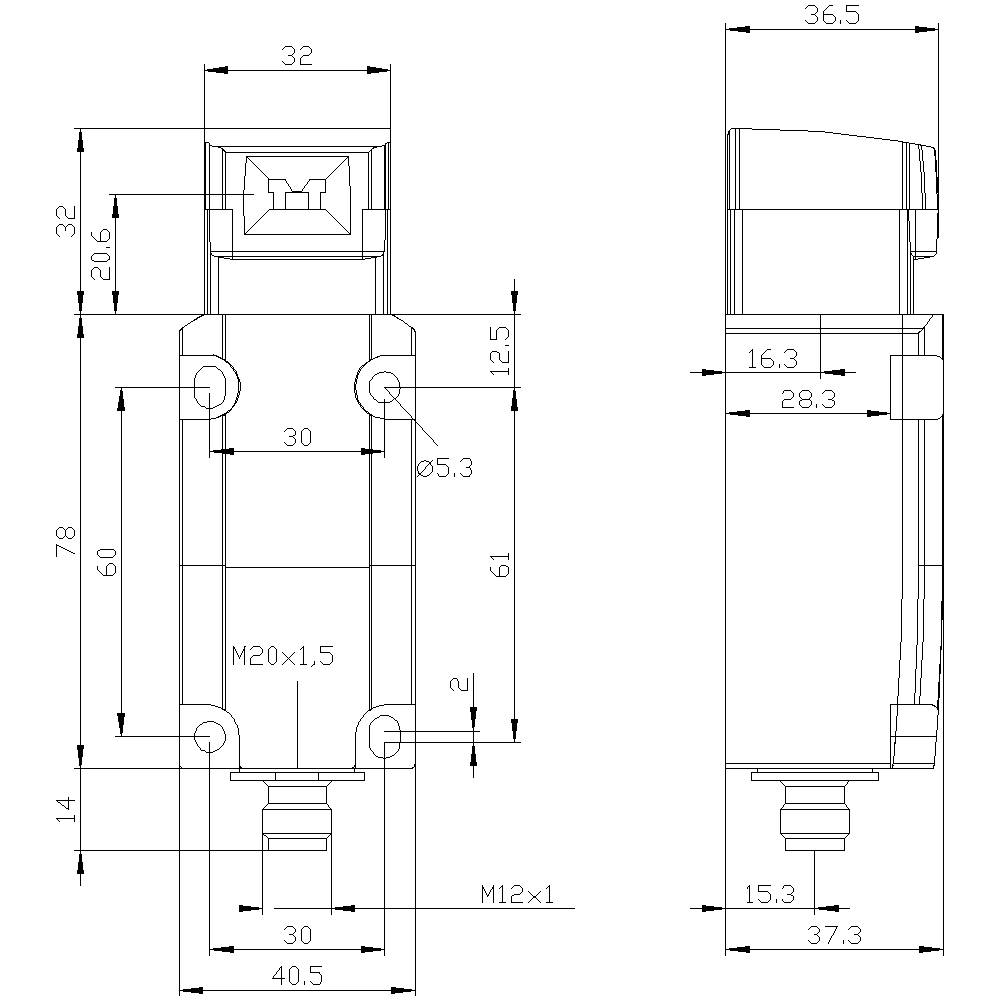 Technical drawing of a rectangular, mechanical sensor with dimensions. Front and side view with precise measurements.