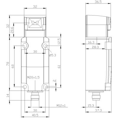 Technical drawing of a rectangular, mechanical sensor with dimensions. Front and side view with precise measurements.