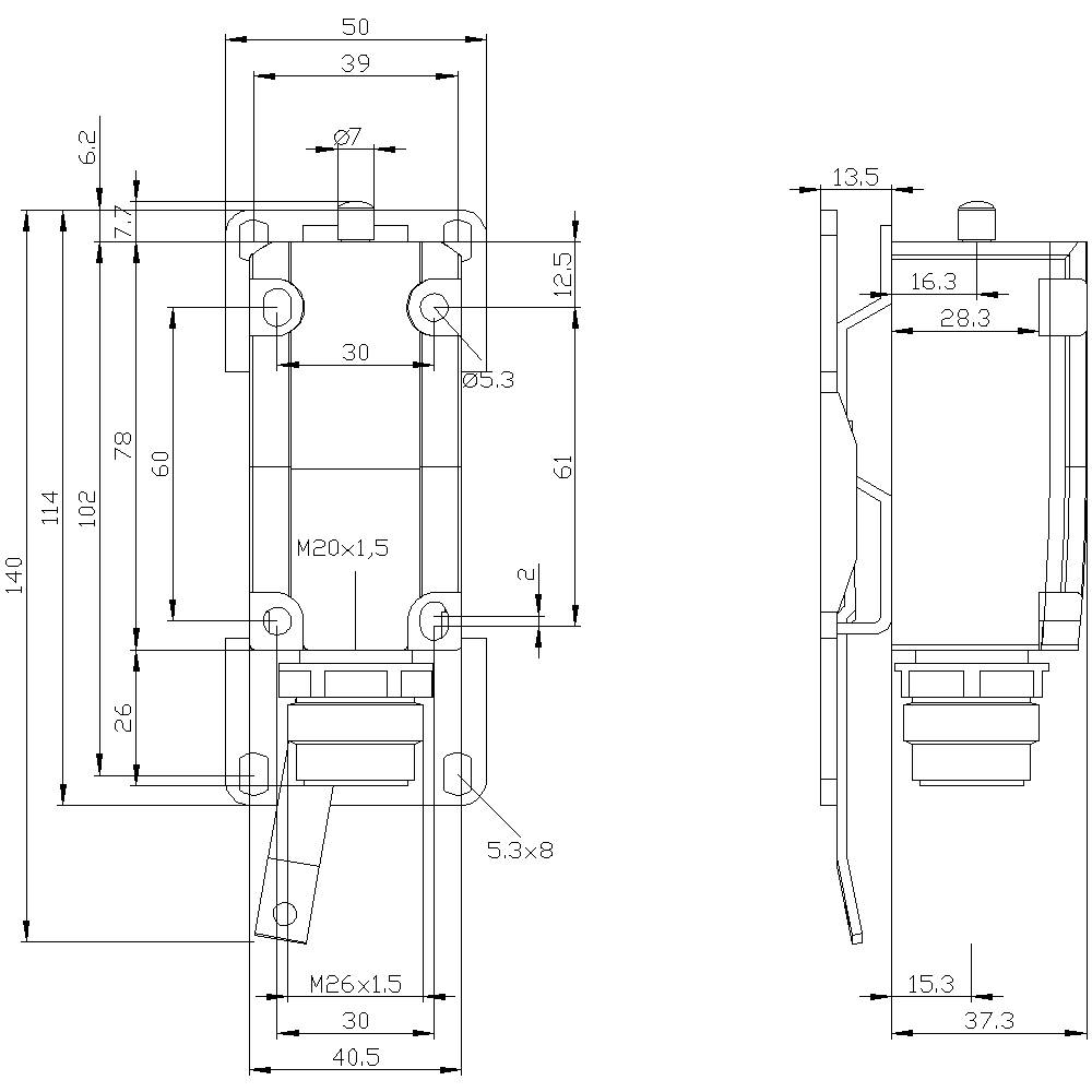 Technical drawing of a switch with detailed dimensions in millimetres. Front and side views show position and dimensions.