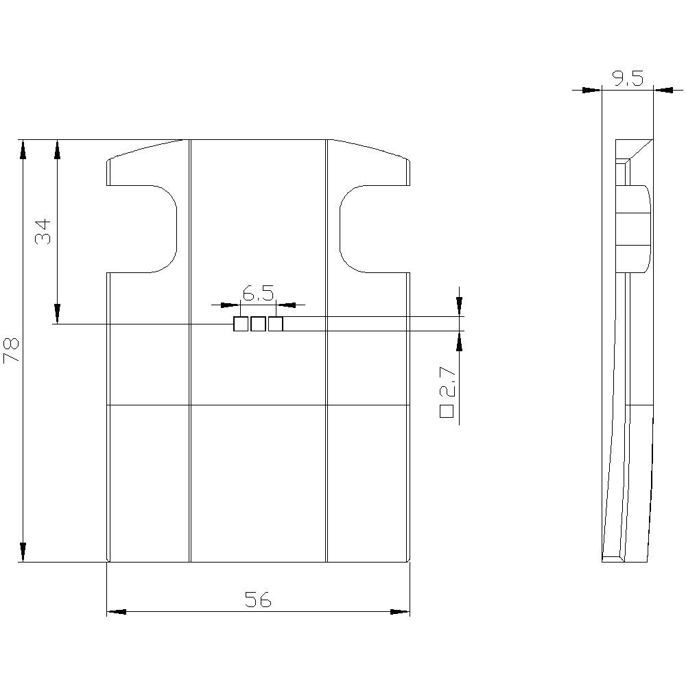 Technical drawing of a component with dimensions: Height 78 mm, Width 56 mm, Thickness 9.5 mm. Details: rounded edges, central recess.