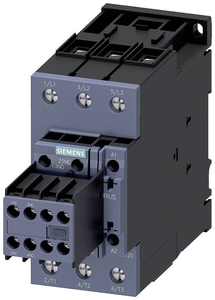 'Siemens contactor, grey and black, with multiple connections on top and bottom. Markings for different phases visible.'