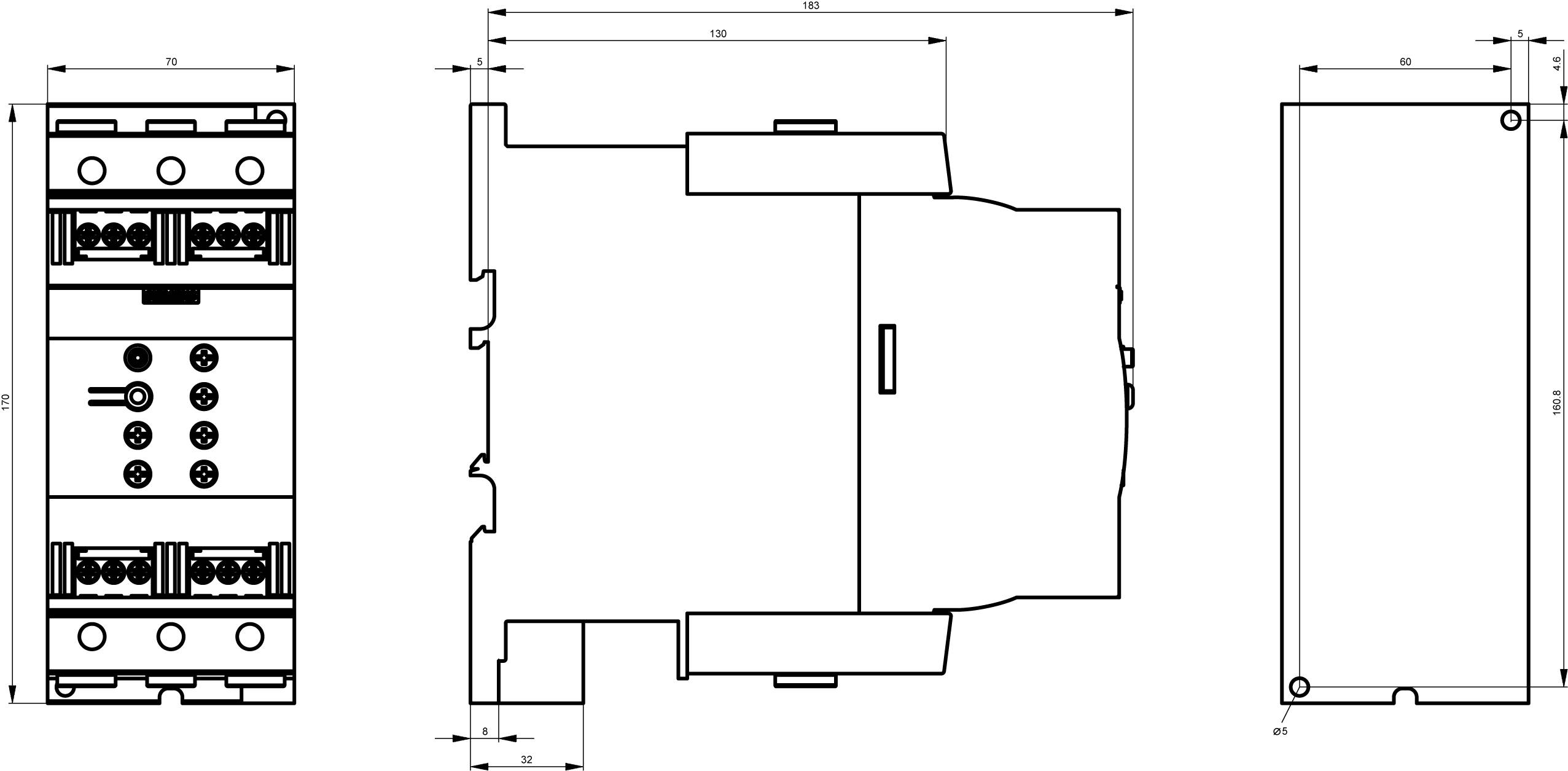 Technical drawing of an electronic device with three views: front, side, and top view. Dimensions specified in millimetres.