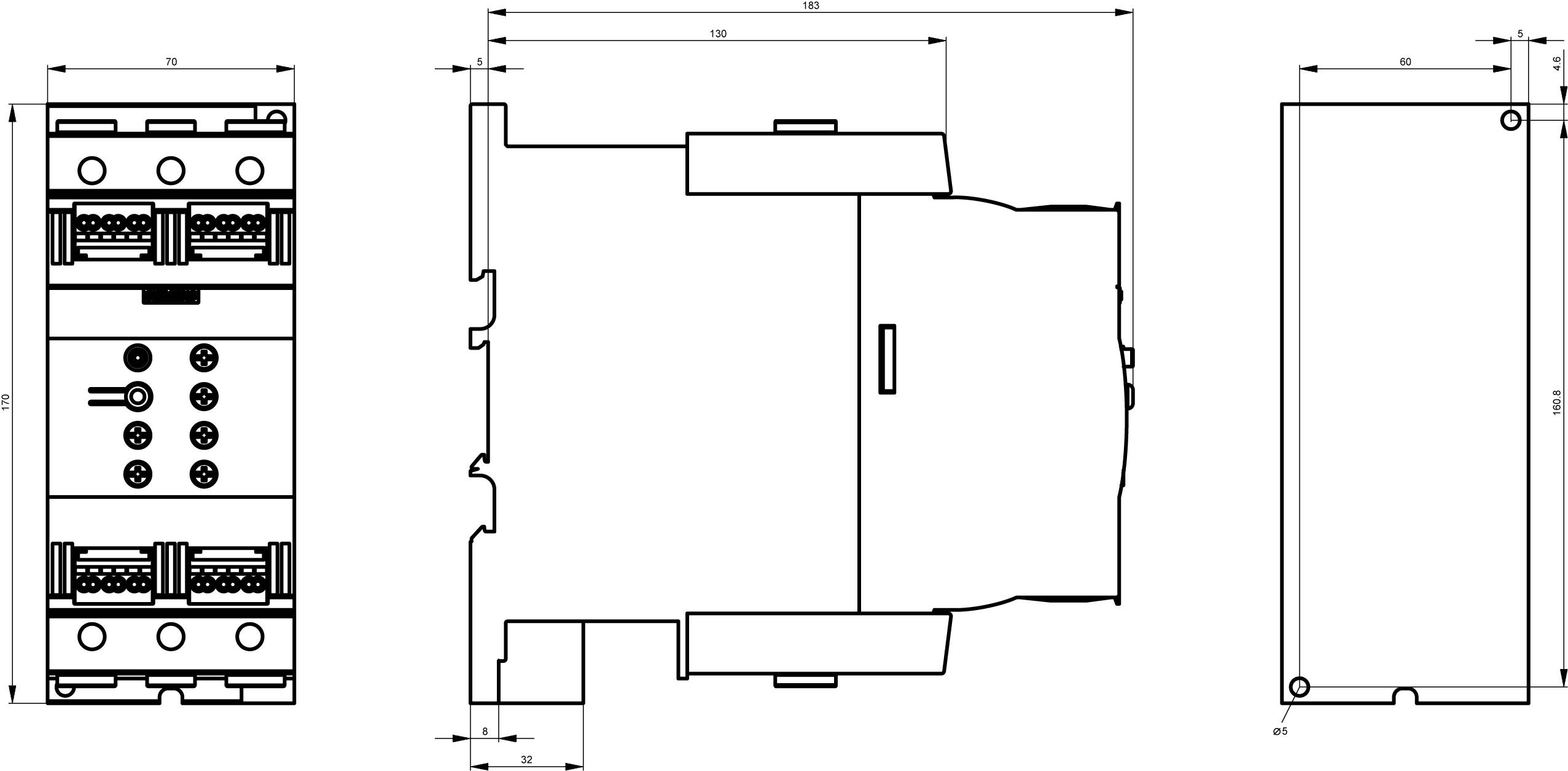 Technical drawing of an electrical switch with dimensions in three views: Front view, side view, and top view.