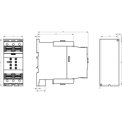Technical drawing of an electrical switch with dimensions in three views: Front view, side view, and top view.
